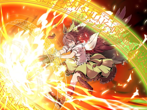 Anime picture 1600x1200 with touhou reiuji utsuho azuma syoujuan single long hair red eyes brown hair teeth magic black wings frilly skirt crazy smile arm cannon girl skirt bow weapon hair bow boots feather (feathers)
