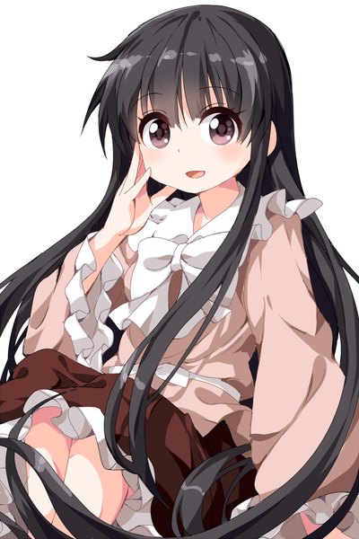 Anime picture 666x1000 with touhou houraisan kaguya ruu (tksymkw) single long hair tall image looking at viewer blush fringe open mouth black hair simple background white background sitting black eyes girl frills