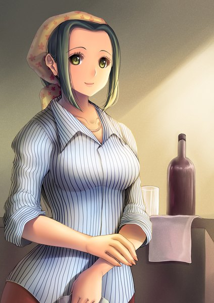 Anime-Bild 787x1114 mit one piece toei animation makino (one piece) yumiyokiak single long hair tall image looking at viewer breasts smile standing holding green eyes fingernails green hair striped girl shirt necklace bottle