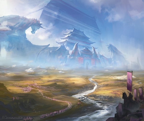 Anime picture 1000x842 with original najtkriss (artist) signed sky cloud (clouds) horn (horns) from above sunlight river rock fog flower (flowers) animal water building (buildings) flag horse japanese house unicorn