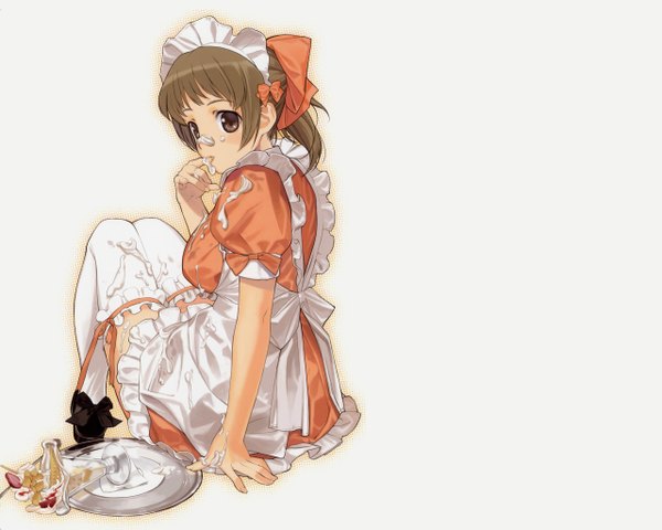 Anime picture 2560x2048 with baby princess amatsuka haruka single highres simple background brown hair white background sitting maid girl thighhighs bow hair bow white thighhighs food headdress sweets maid headdress apron ice cream