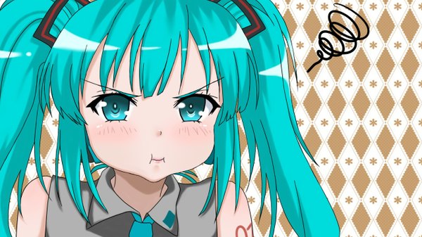 Anime picture 1280x720 with vocaloid hatsune miku single long hair wide image twintails bare shoulders aqua eyes aqua hair tattoo girl
