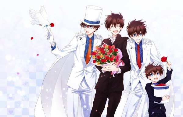 Anime picture 968x621 with magic kaito kaito kid kuroba kaito sagari24 fringe short hair open mouth blue eyes smile hair between eyes brown hair white background looking away eyes closed multiple boys happy ^ ^ hand on another's head multiple persona age progression