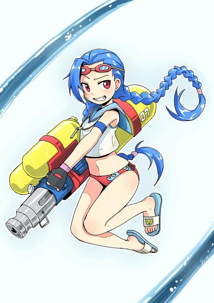 Anime picture 752x1063 with league of legends jinx (league of legends) gyool single tall image looking at viewer blush fringe simple background smile red eyes bare shoulders blue hair looking away braid (braids) bare legs legs twin braids eyebrows jumping
