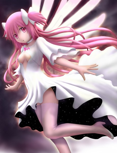 Anime picture 1000x1300 with mahou shoujo madoka magica shaft (studio) kaname madoka goddess madoka siraha single long hair tall image pink hair pink eyes two side up center opening 3d starry sky print girl thighhighs dress bow hair bow white thighhighs