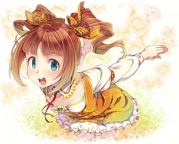 Anime picture 1000x808 with idolmaster takatsuki yayoi long hair looking at viewer blush open mouth smile brown hair twintails green eyes drill hair girl dress ribbon (ribbons) bow hair bow hair ribbon