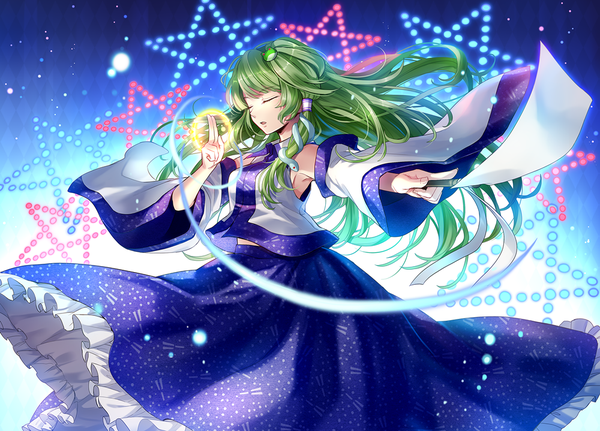 Anime picture 1000x719 with touhou kochiya sanae ria single long hair standing eyes closed green hair floating hair outstretched arm girl skirt hair ornament detached sleeves hairclip star (symbol) skirt set hair tubes gohei