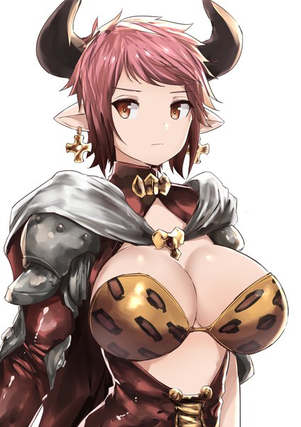 Anime picture 1414x2000 with granblue fantasy sturm (granblue fantasy) norman maggot single tall image short hair breasts light erotic simple background red eyes large breasts white background looking away pink hair cleavage upper body horn (horns) pointy ears draph girl