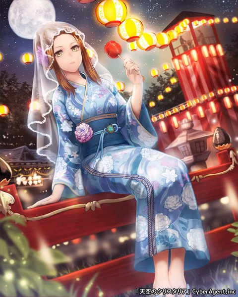 Anime picture 640x800 with original meto31 single long hair tall image looking at viewer brown hair sitting holding yellow eyes bent knee (knees) traditional clothes japanese clothes hair flower night hair bun (hair buns) night sky floral print girl flower (flowers)