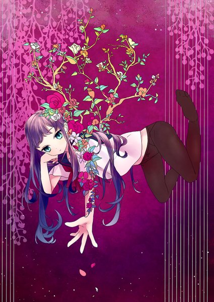 Anime picture 1060x1500 with original yoko (shiocolor) single long hair tall image light erotic purple hair aqua eyes girl flower (flowers) plant (plants) petals pantyhose serafuku