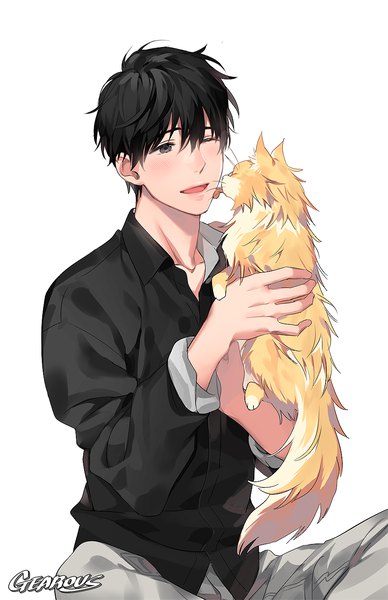 Anime picture 900x1391 with banana fish mappa okumura eiji gearous single tall image blush fringe short hair open mouth black hair simple background smile hair between eyes white background sitting holding signed looking away one eye closed