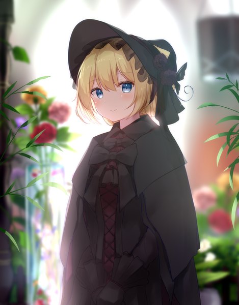 Anime picture 1800x2300 with virtual youtuber hanazono serena (channel) hanazono serena guo582 single tall image looking at viewer blush fringe highres short hair blue eyes blonde hair smile hair between eyes upper body depth of field girl gloves bow