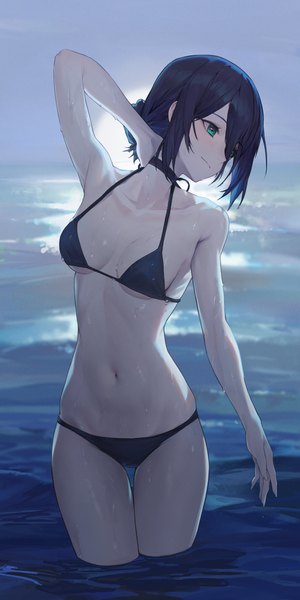 Anime picture 2400x4805 with chainsaw man mappa reze (chainsaw man) bafangyu single tall image highres short hair breasts light erotic standing green eyes blue hair looking away light smile hair bun (hair buns) partially submerged arm around neck girl navel