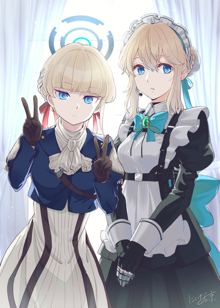 Anime picture 634x885 with violet evergarden blue archive kyoto animation toki (blue archive) violet evergarden (character) ishikawa yui niina ryou tall image looking at viewer fringe short hair blue eyes blonde hair hair between eyes multiple girls indoors blunt bangs maid cosplay expressionless