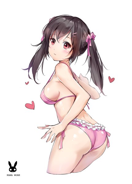 Anime picture 1269x1771 with original tracyton single long hair tall image blush fringe breasts light erotic black hair simple background hair between eyes red eyes large breasts standing white background twintails holding signed payot