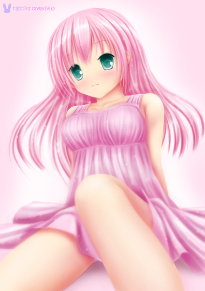 Anime picture 1060x1499 with original red cyber single long hair tall image looking at viewer blush fringe breasts light erotic simple background hair between eyes large breasts sitting bare shoulders green eyes pink hair bent knee (knees) head tilt blurry