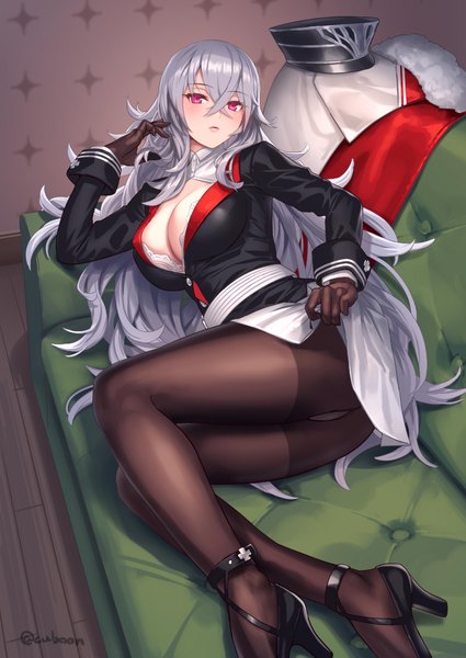 Anime picture 752x1062 with azur lane graf zeppelin (azur lane) mismi single long hair tall image looking at viewer fringe breasts light erotic hair between eyes large breasts purple eyes signed cleavage silver hair ass indoors lying long sleeves