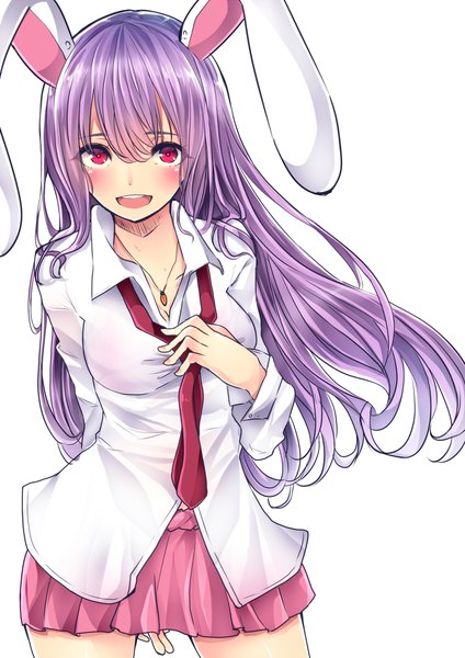 Anime picture 707x1000 with touhou reisen udongein inaba e-co single long hair tall image looking at viewer blush fringe breasts open mouth light erotic smile hair between eyes red eyes large breasts animal ears cleavage purple hair pleated skirt