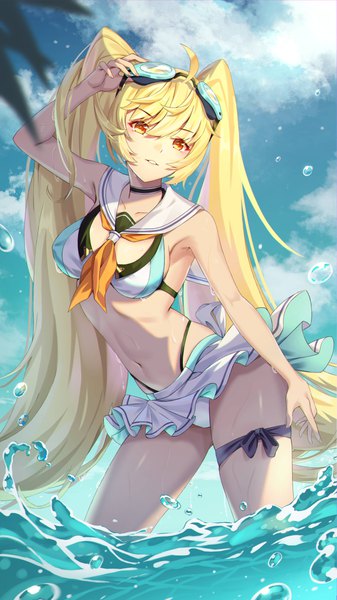 Anime picture 2700x4800 with akashic chronicle mobile legends: adventure layla (akashic chronicle) calder (pixiv3698273) single tall image looking at viewer fringe highres breasts light erotic blonde hair hair between eyes red eyes large breasts standing twintails payot sky cloud (clouds)