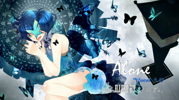 Anime picture 2500x1406 with vocaloid pixiv alone (vocaloid) single highres open mouth wide image aqua eyes aqua hair happy insect wings butterfly wings girl dress insect butterfly