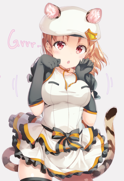 Anime picture 619x900 with love live! sunshine!! sunrise (studio) love live! takami chika micopp single tall image looking at viewer blush short hair simple background blonde hair red eyes animal ears tail animal tail :o paw pose tiger ears tiger tail