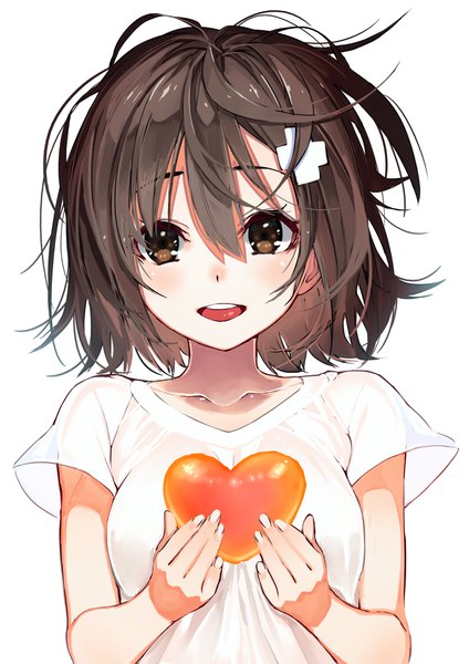 Anime picture 2894x4093 with original kawakami masaki single tall image looking at viewer fringe highres short hair open mouth simple background hair between eyes brown hair white background brown eyes upper body :d wind girl heart hairclip