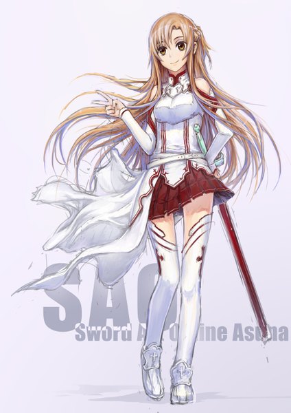 Anime picture 1018x1440 with sword art online a-1 pictures yuuki asuna devilkero single tall image fringe breasts smile brown hair standing brown eyes looking away braid (braids) pleated skirt inscription hand on hip girl skirt uniform
