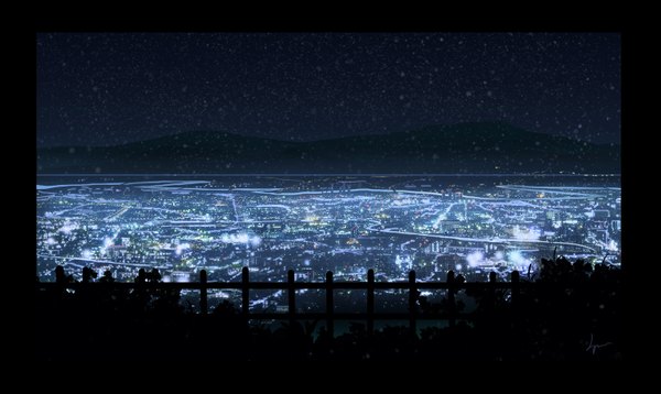 Anime picture 1519x907 with original niko p wide image signed night city border snowing snow cityscape no people landscape scenic city lights fence bushes