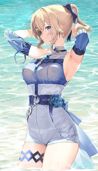 Anime picture 1450x2511 with genshin impact jean gunnhildr jean (sea breeze dandelion) (genshin impact) b:ga single tall image looking at viewer blush fringe short hair breasts open mouth blue eyes blonde hair hair between eyes standing payot outdoors ponytail arms up