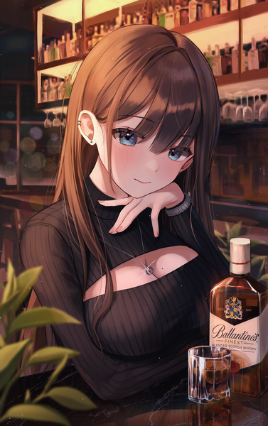 Anime picture 1887x3000 with original myowa single long hair tall image looking at viewer blush fringe highres breasts blue eyes smile hair between eyes brown hair large breasts sitting cleavage upper body indoors long sleeves