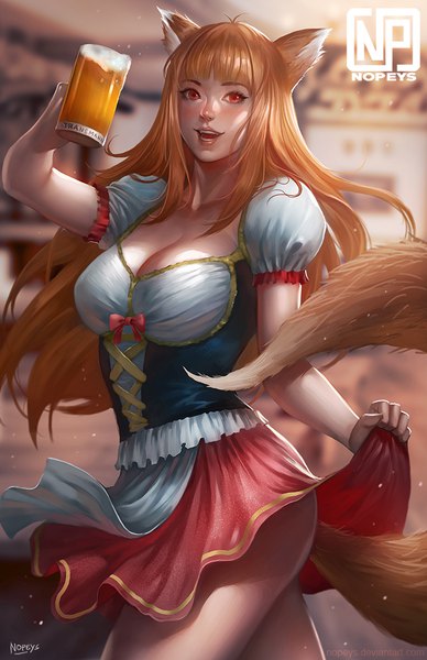 Anime picture 700x1082 with spice and wolf horo nopeys single long hair tall image looking at viewer blush fringe breasts open mouth light erotic red eyes large breasts standing holding signed animal ears payot cleavage
