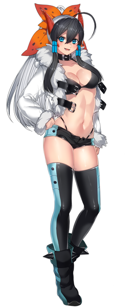 Anime picture 580x1369 with pokemon nintendo volcarona katagiri hachigou long hair tall image blush breasts blue eyes light erotic black hair simple background white background horn (horns) open clothes open jacket gen 5 pokemon girl thighhighs navel