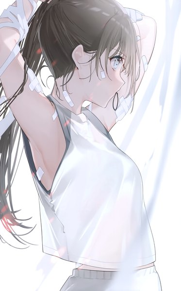 Anime picture 1871x3008 with original miwano rag single long hair tall image fringe highres blue eyes black hair holding looking away upper body ponytail profile scan arms up armpit (armpits) sleeveless mouth hold arms behind head