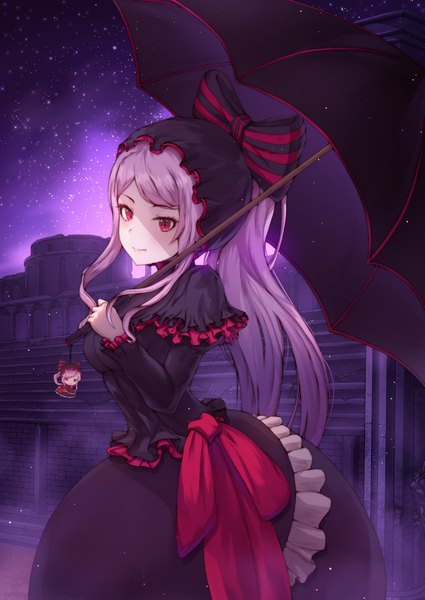 Anime picture 1377x1946 with overlord (maruyama) madhouse shalltear bloodfallen necoring862 single long hair tall image looking at viewer blush fringe breasts red eyes large breasts standing holding payot silver hair outdoors ponytail night