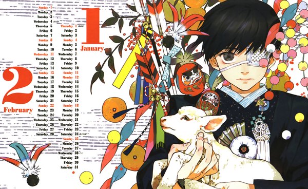 Anime picture 2048x1259 with tokyo ghoul studio pierrot kaneki ken nishihara isao single highres short hair black hair wide image white background traditional clothes japanese clothes inscription looking up calendar 2015 boy animal food feather (feathers) eyepatch