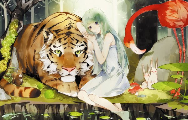 Anime picture 1200x766 with original seicho long hair looking at viewer blue eyes sitting barefoot green hair girl dress plant (plants) animal tree (trees) water bird (birds) sundress bunny tiger flamingo