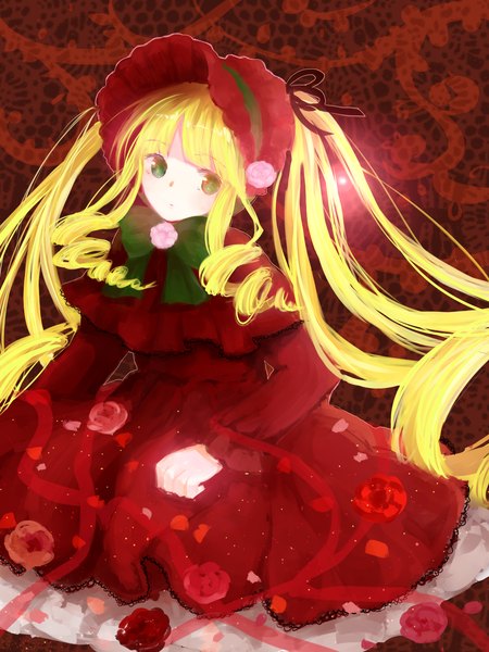 Anime picture 1200x1600 with rozen maiden shinku yugoe single long hair tall image simple background blonde hair sitting twintails green eyes drill hair lolita fashion girl dress flower (flowers) bow ribbon (ribbons) hair ribbon headdress