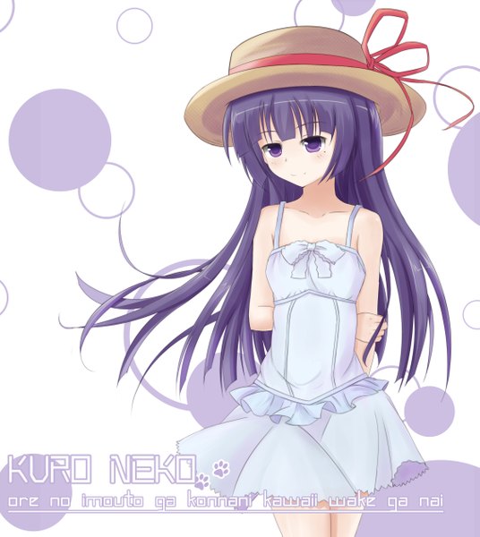 Anime picture 2257x2526 with ore no imouto ga konna ni kawaii wake ga nai gokou ruri natsunokanata single long hair tall image blush highres purple eyes bare shoulders purple hair girl hat sundress