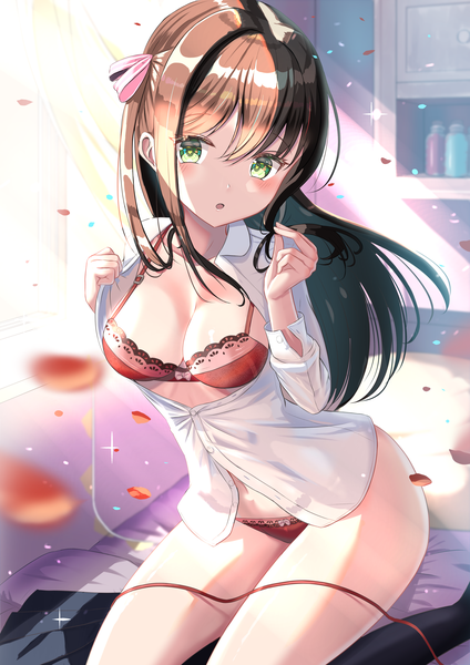 Anime picture 2894x4093 with original wander00317 (akihirotanisi) single long hair tall image looking at viewer blush fringe highres breasts open mouth light erotic hair between eyes brown hair large breasts sitting green eyes payot cleavage indoors