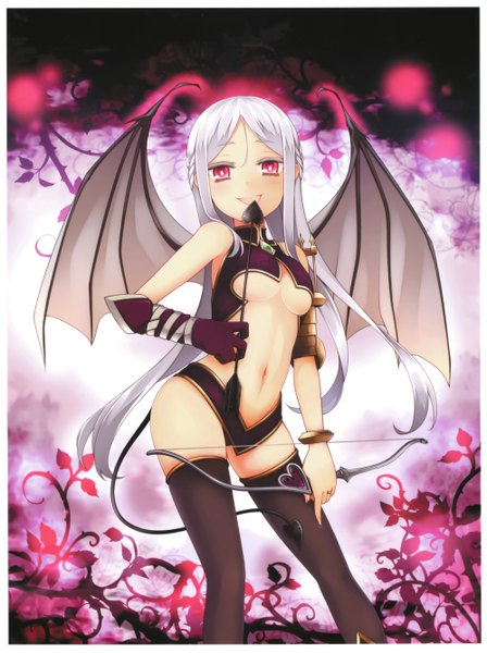 Anime picture 3992x5348 with million arthur (series) kaku-san-sei million arthur square enix single long hair tall image highres breasts light erotic red eyes absurdres white hair tail scan midriff girl thighhighs navel black thighhighs wings