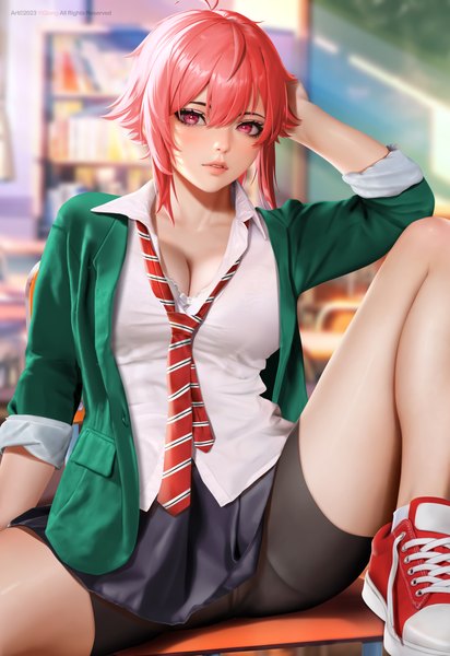 Anime picture 3700x5382 with tomo-chan wa onna no ko aizawa tomo yi qiang single tall image looking at viewer fringe highres short hair breasts light erotic hair between eyes red eyes large breasts sitting absurdres cleavage ahoge red hair parted lips