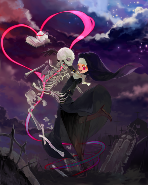 Anime picture 929x1161 with original mo (mocopo) tall image short hair open mouth looking away cloud (clouds) pink eyes orange hair night night sky magic skeleton nun dancing girl heart book (books) cross cemetery