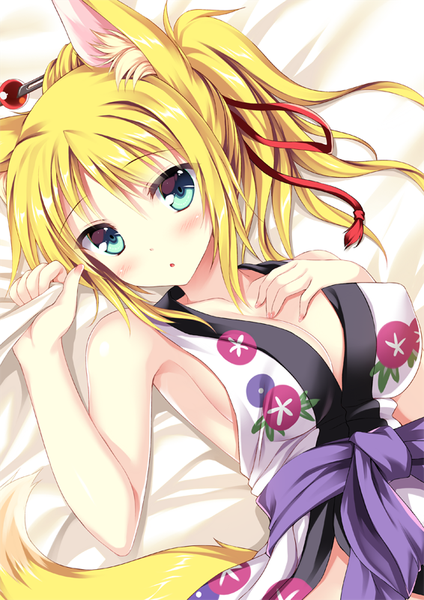 Anime picture 566x800 with dog days yukikaze panettone tateha (marvelous grace) single long hair tall image looking at viewer blush fringe breasts light erotic blonde hair large breasts green eyes animal ears ponytail tail lying animal tail no bra