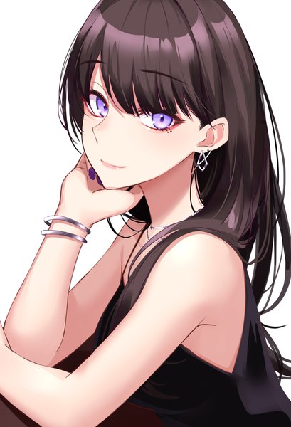 Anime picture 2793x4096 with original ichiki 1 single long hair tall image looking at viewer fringe highres breasts black hair simple background smile large breasts white background purple eyes bare shoulders blunt bangs nail polish fingernails mole