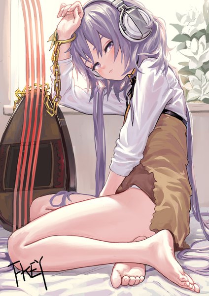 Anime picture 900x1273 with touhou tsukumo benben fkey single tall image looking at viewer blush fringe light erotic hair between eyes purple eyes signed purple hair indoors long sleeves very long hair barefoot arm up fingernails bare legs
