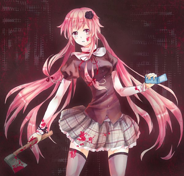 Anime picture 1000x961 with mirai nikki gasai yuno tenshi (artist) single long hair looking at viewer blush fringe breasts holding pink hair pink eyes alternate costume plaid skirt plaid bloody clothes bloody weapon girl thighhighs skirt