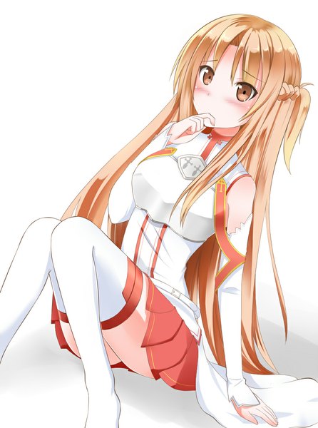 Anime picture 800x1075 with sword art online a-1 pictures yuuki asuna catstudioinc (punepuni) single long hair tall image blush simple background brown hair white background brown eyes pleated skirt finger to mouth girl thighhighs skirt detached sleeves white thighhighs