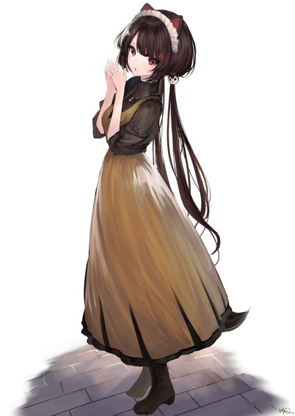 Anime picture 1756x2479 with virtual youtuber nijisanji inui toko jazztaki single tall image highres black hair simple background standing white background twintails full body very long hair :o heterochromia low twintails girl dress headdress