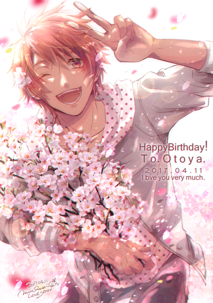 Anime picture 996x1411 with uta no prince-sama a-1 pictures ittoki otoya nagisa-a single tall image looking at viewer short hair open mouth red eyes red hair one eye closed wink character names cherry blossoms dated victory polka dot happy birthday boy