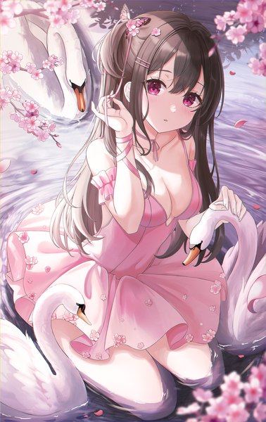 Anime picture 3500x5562 with original pora 0918 single long hair tall image looking at viewer fringe highres breasts open mouth light erotic black hair hair between eyes large breasts sitting absurdres cleavage outdoors pink eyes arm up